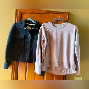 Altar’d State tan sweatshirt and navy flannel Shacket XS